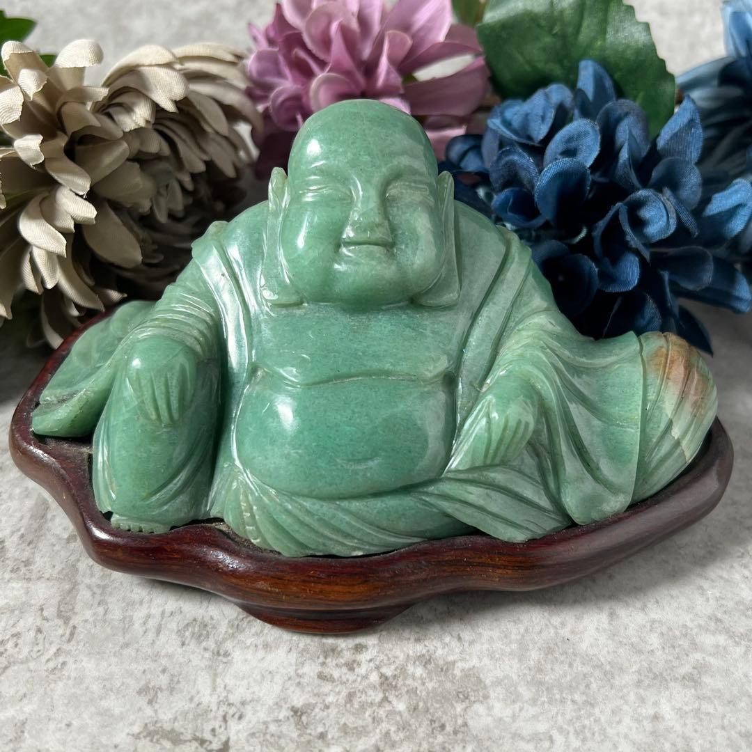【翡翠】大型　布袋像翡翠吉祥置物　台付　中国古物　七福神