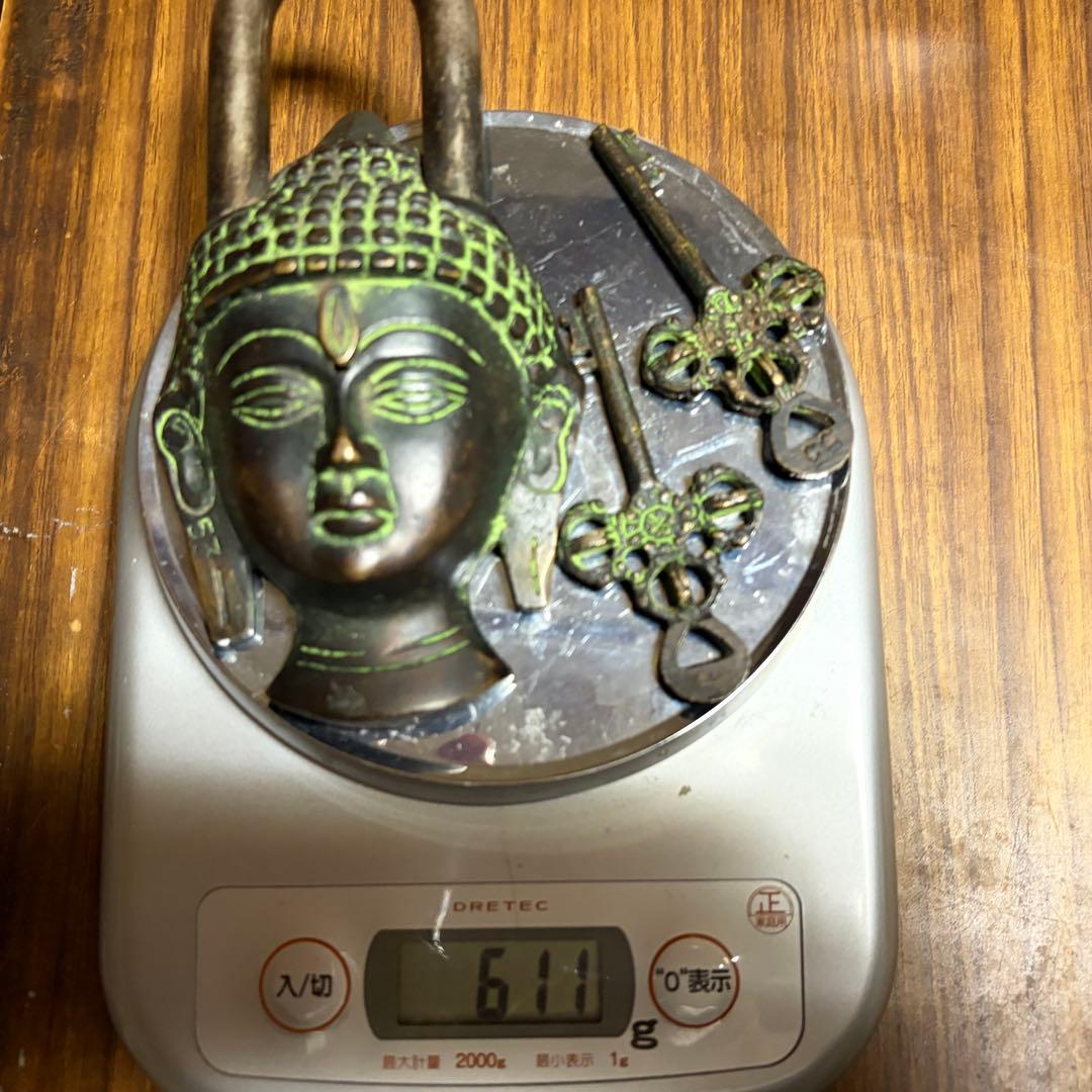 仏頭デザイン 南京錠と鍵セット　工芸品・民芸品　インドチベット　仏陀　真鍮