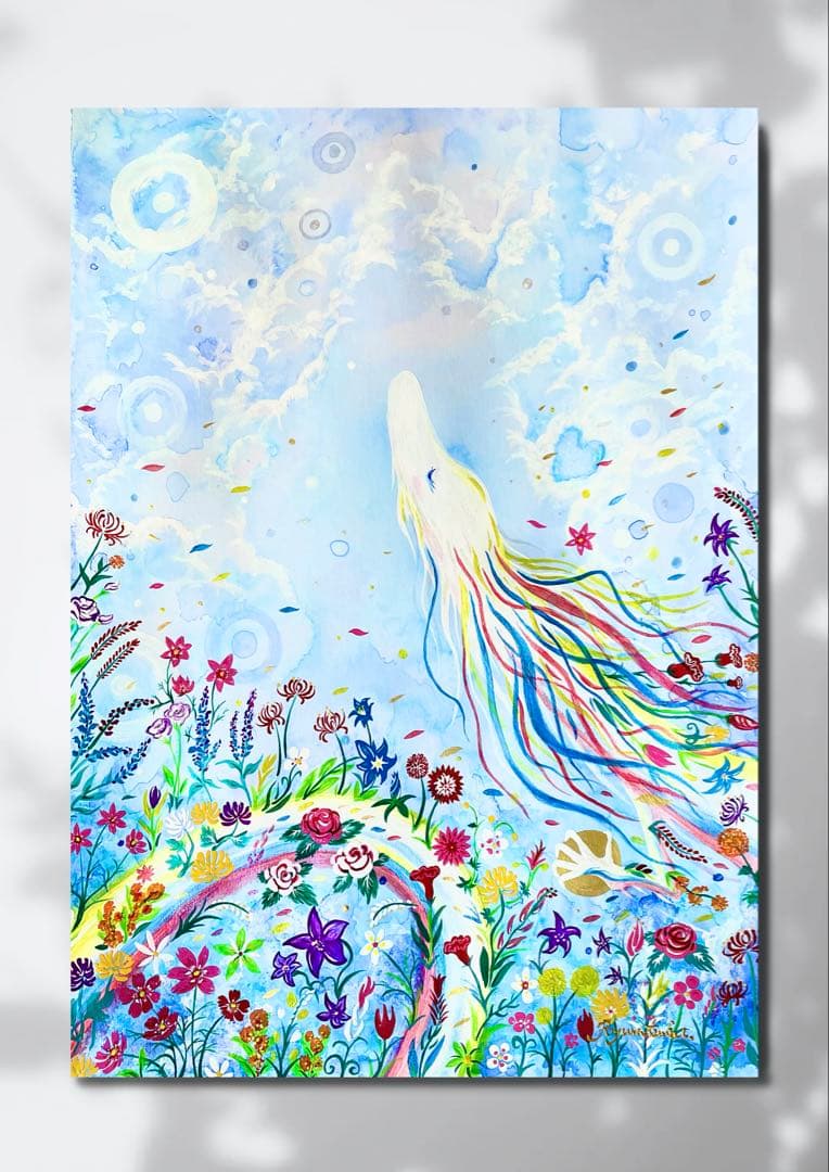 ありりん0703☆ 秋の花々と虹龍 絵画 アクリル画 開運絵画 龍ノツカイ