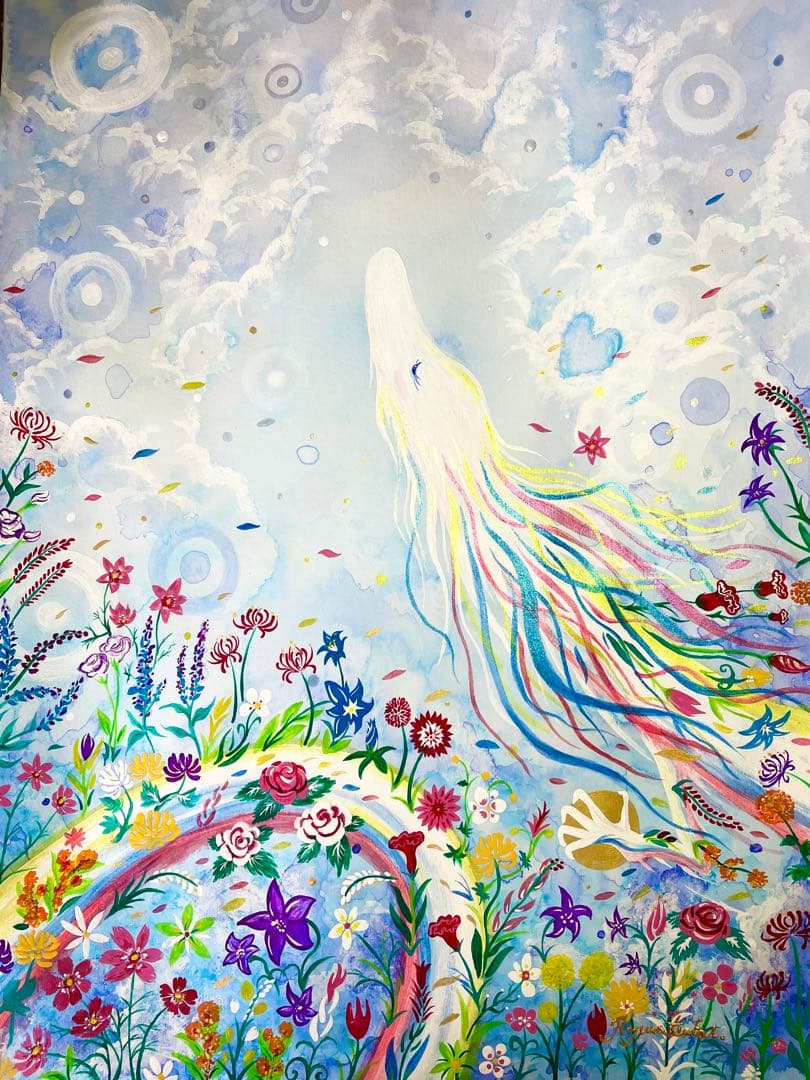 ありりん0703☆ 秋の花々と虹龍 絵画 アクリル画 開運絵画 龍ノツカイ