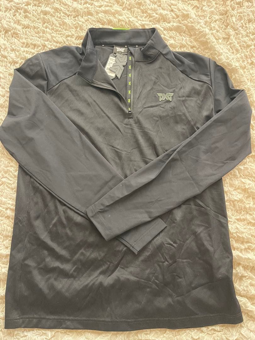 PXG ブラック ジップアップ長袖ポロシャツ