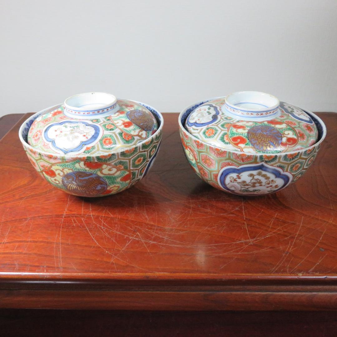 蓋物 ペア 色絵付 錦蒸し茶碗 金彩 古伊万里 蔵出し 初荷