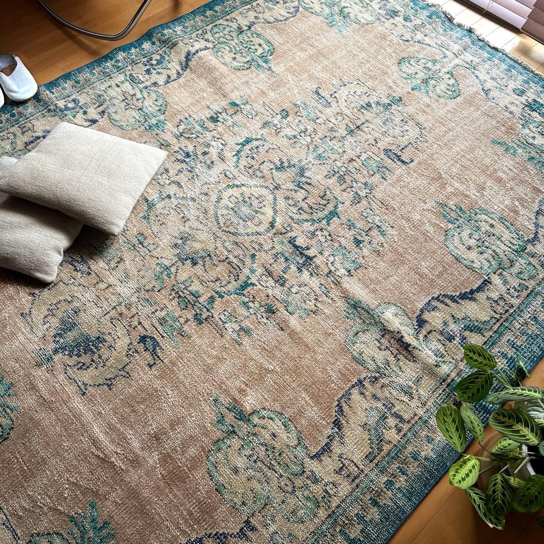 大判172×235淡いブラウンベージュ×ブルー　擦れトルコヴィンテージラグ