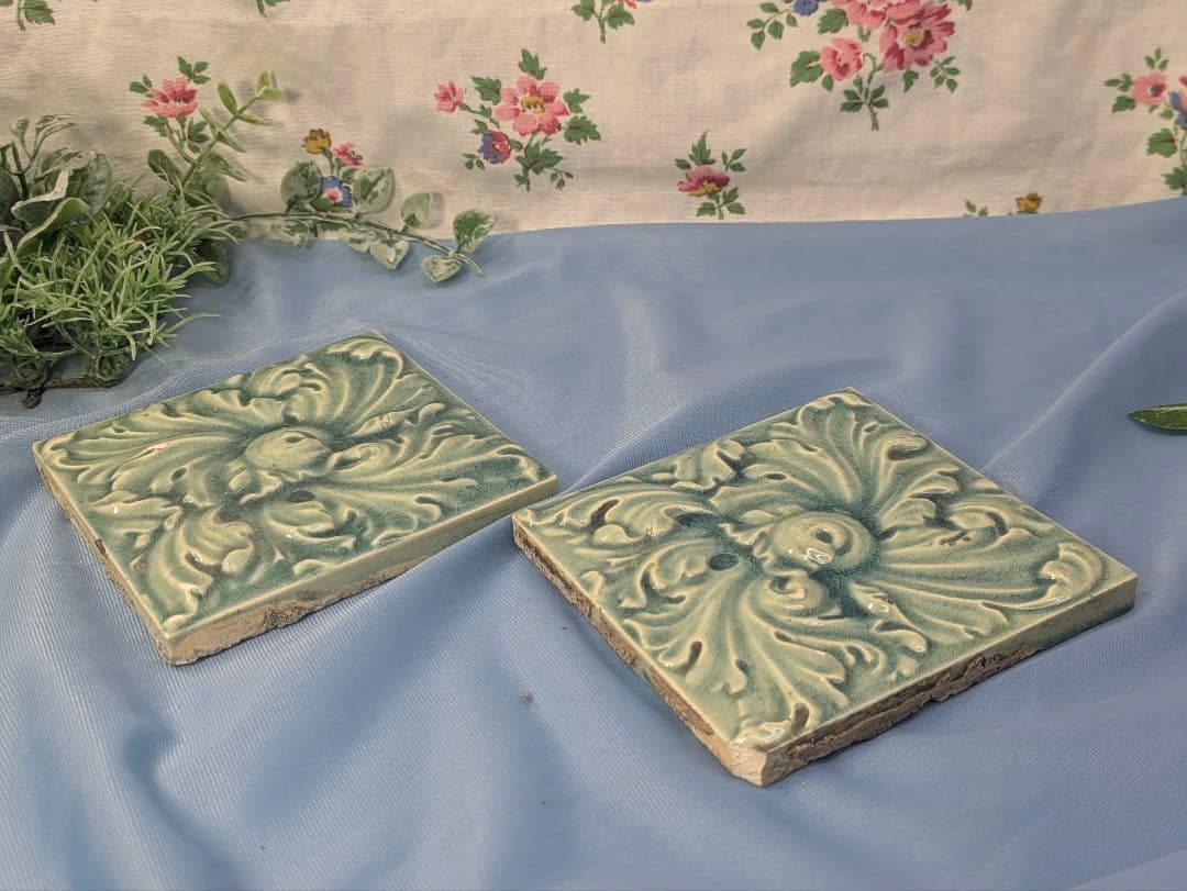 イギリス アンティーク タイル ブルー ４枚セット