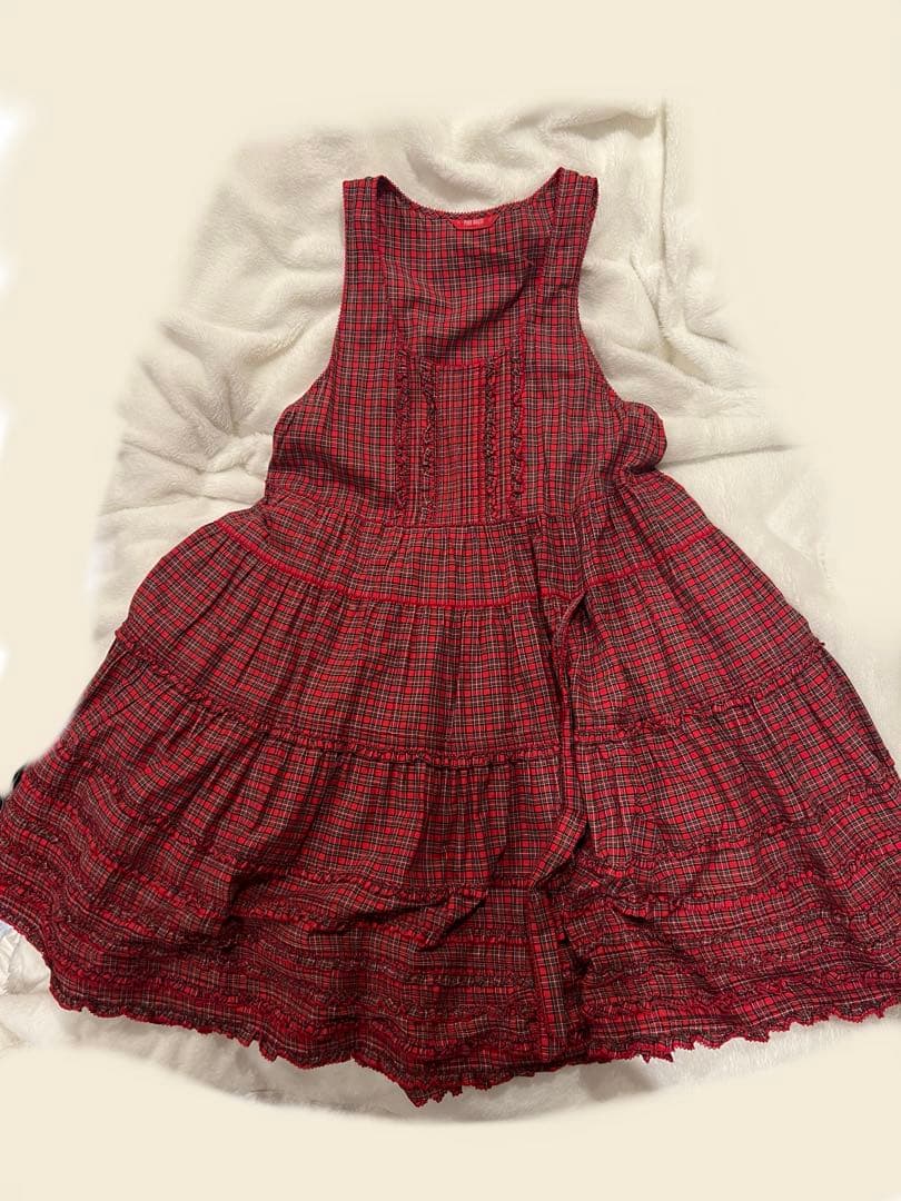 ピンクハウス　たくしあげ　タータンチェック　ワンピース　赤