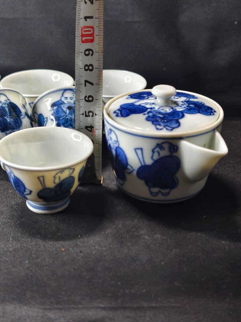 煎茶道具 染付宝瓶急須セット 京焼 手描き唐子の図 未使用美品 旧家蔵出し 骨董