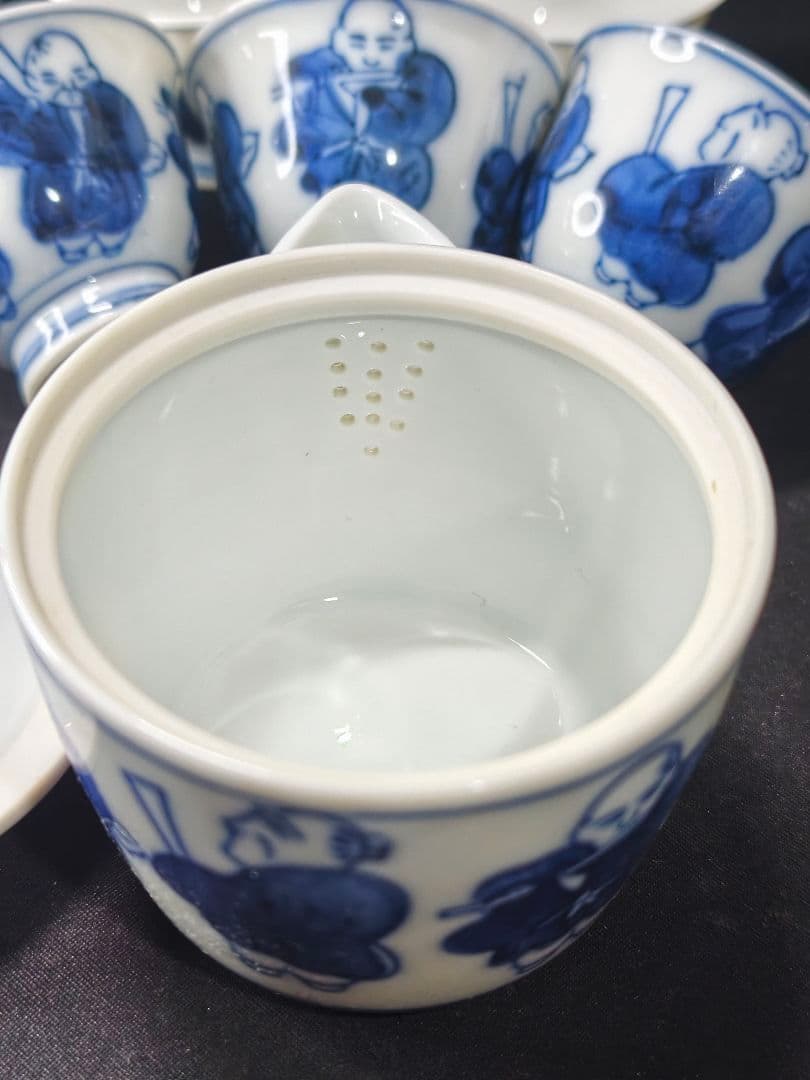 煎茶道具 染付宝瓶急須セット 京焼 手描き唐子の図 未使用美品 旧家蔵出し 骨董