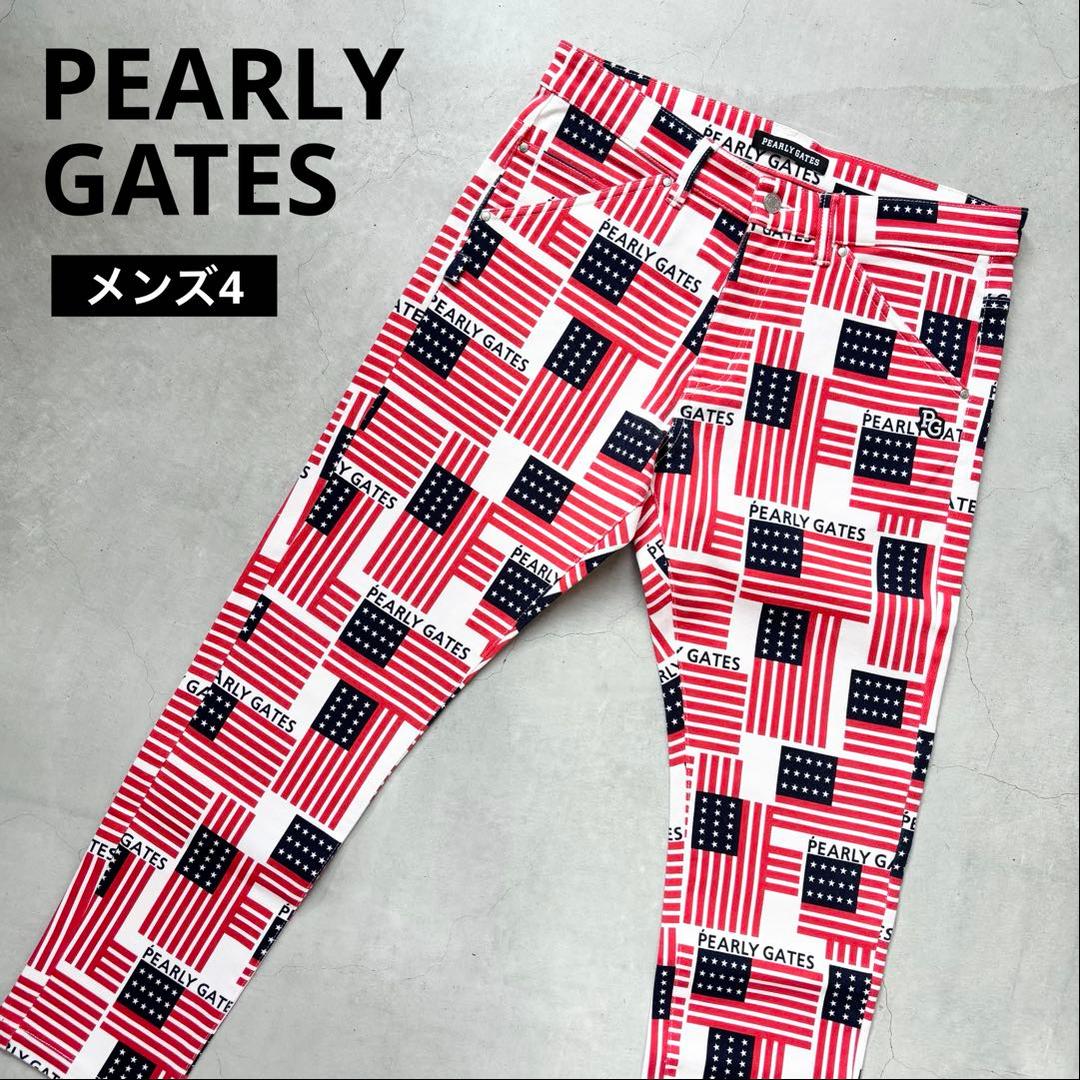 【美品】PEARLY GATES 星条旗 総柄 ストレッチロングパンツ ロゴ刺繍