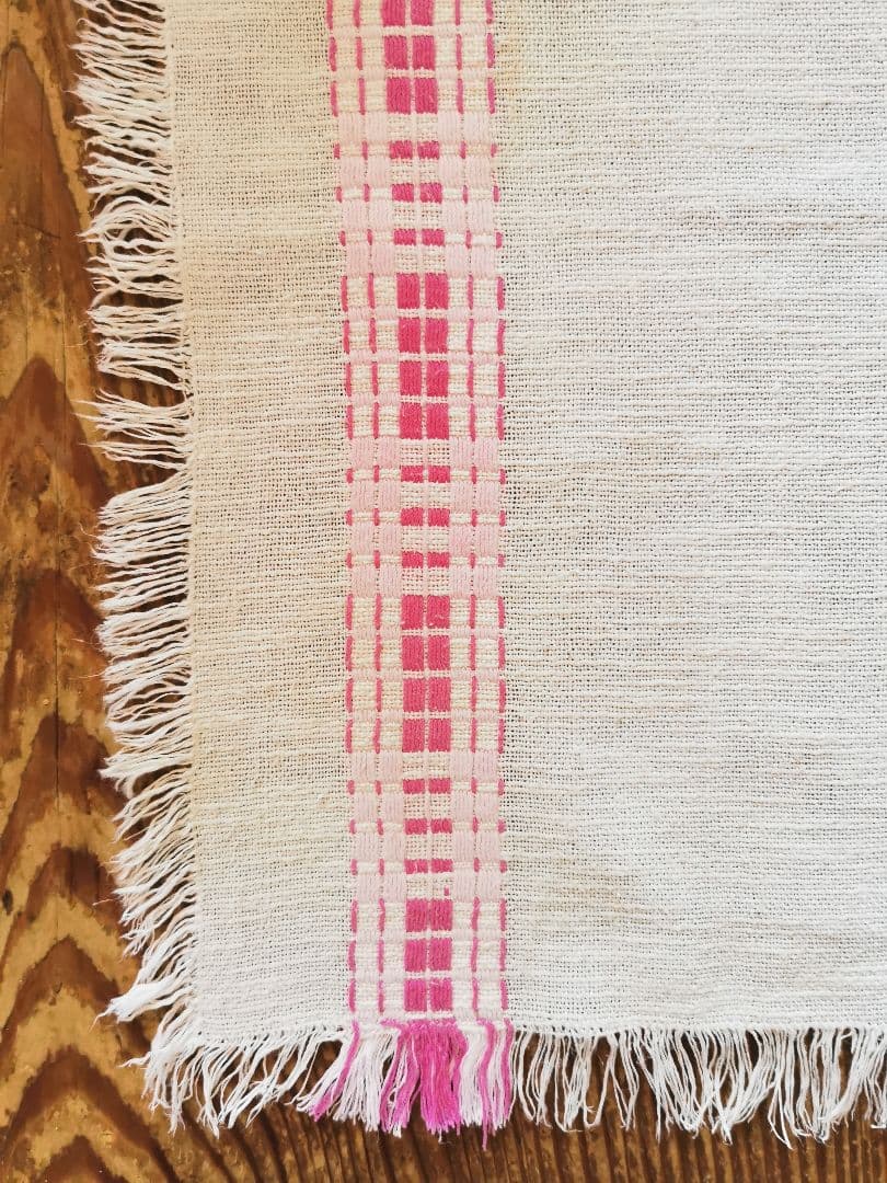 ヴィンテージフランス ラズベリー＆桜ピンク織刺繍 テーブルマット リネンランナー