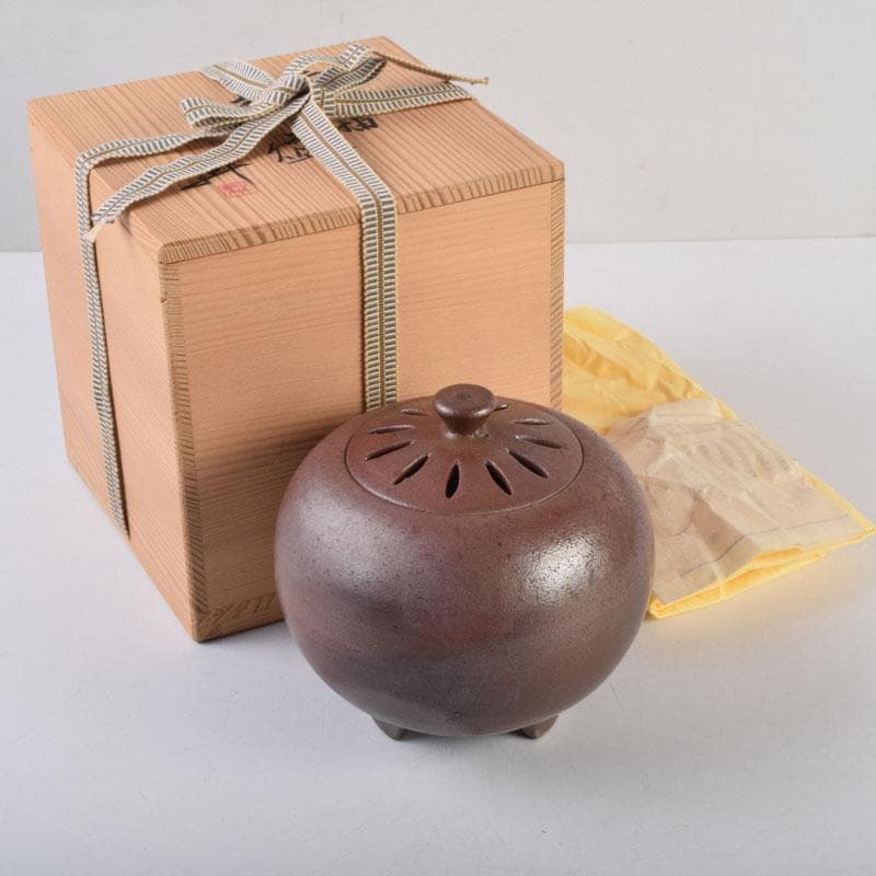 丹波焼　大上昇作　赤土部釉　香炉　共布共箱　C　8733