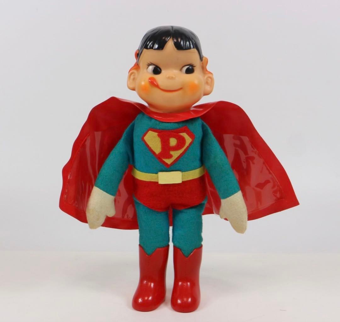 【〜1/23】不二家 ペコちゃん 当時もの　スーパーマン 26cm ソフビ 美品