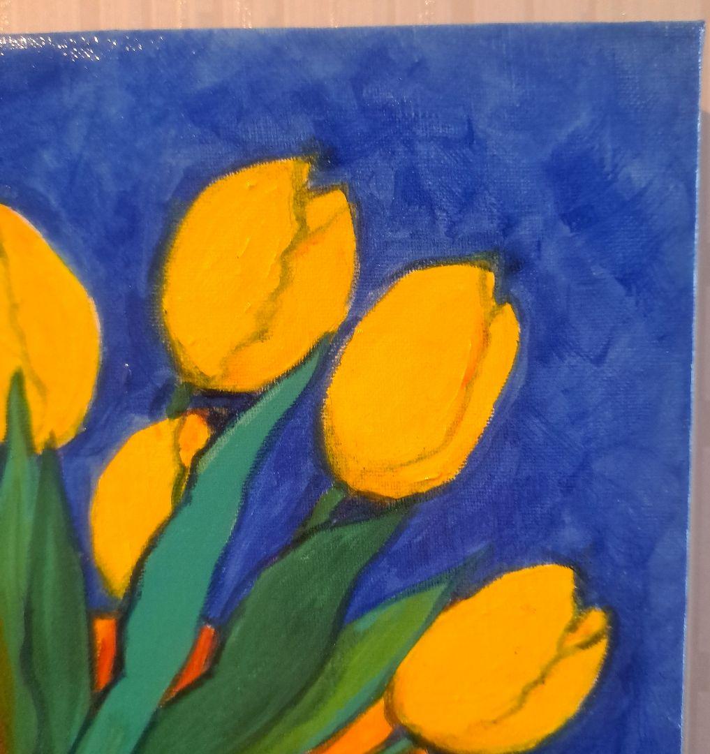 キャンバス油絵　黄色い椅子の上に置いた鉢植えの黄色いチューリップ他計2枚セット