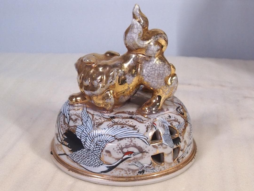 【良品】薩摩焼 金彩 雲群鶴文 大香炉 置物 茶道具/香道具 陶磁器 インテリア