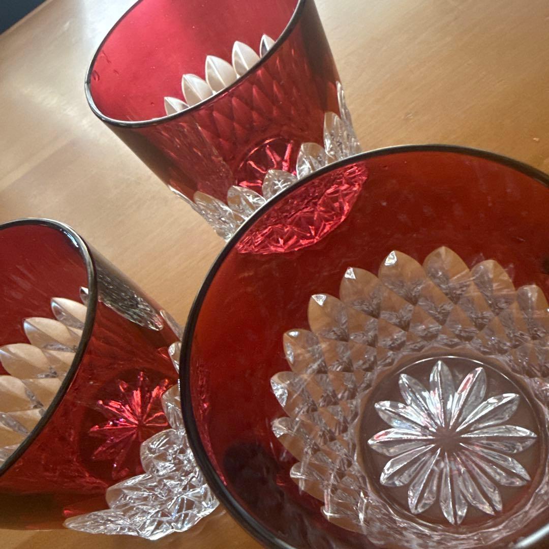 80's未使用★アンティークカットガラス被せガラス３個セット
