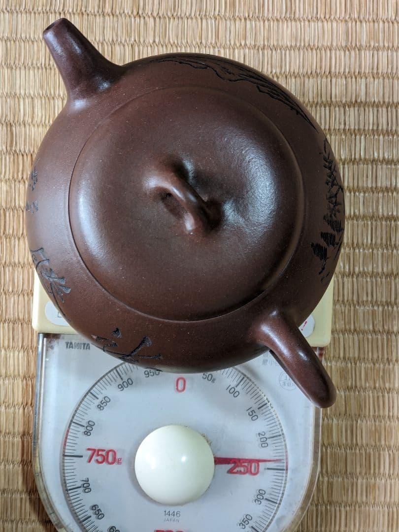 ♦中国？宜興窯 梨地 石瓢壺 漢詩 山水図 篦彫り茶壺 タタラ造り 骨董品