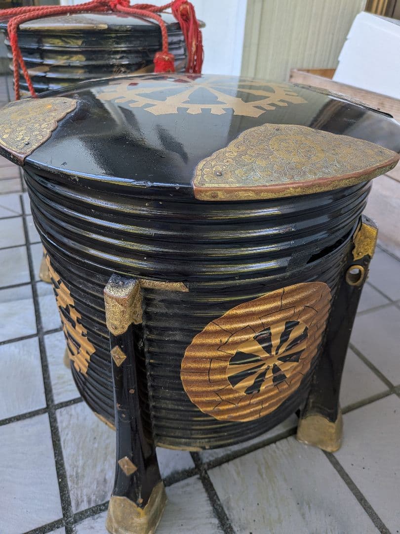 江戸時代大名道具黒漆塗り源氏車金御家紋入公家大名上級武家所用行器（ほかい）難有品
