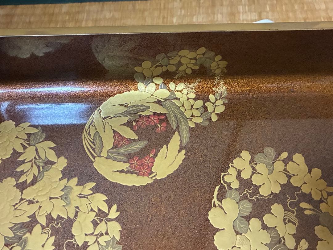 漆器 金箔 唐草紋 蒔絵 梨地 四角盆 時代物 木箱入