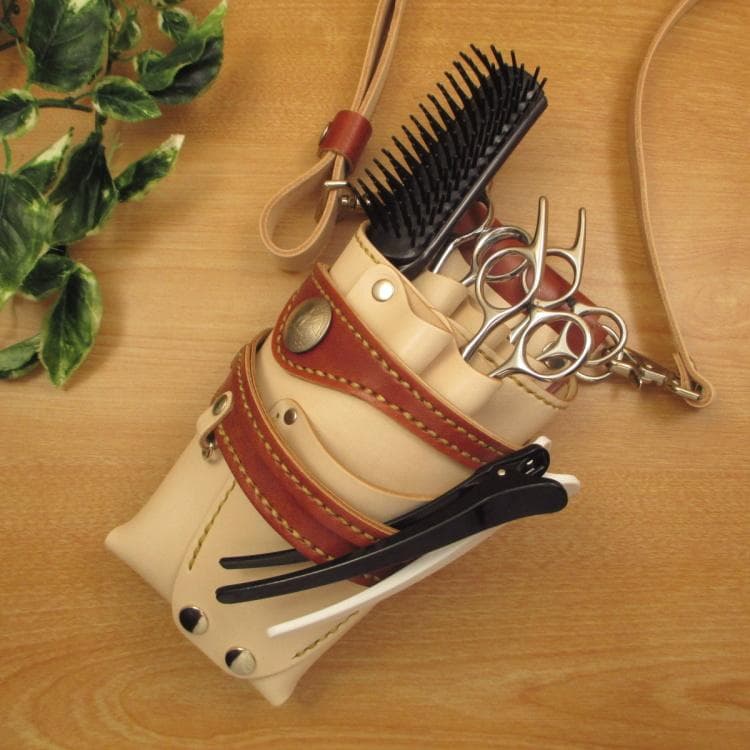 ヌメ革ナチュラル&茶色　５丁差し　革ベルト付　シザーケース　SCL-125/NL