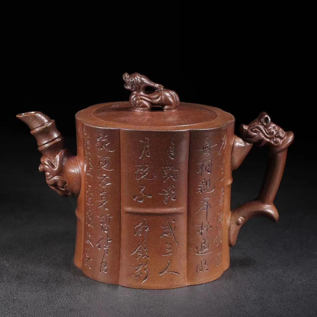 中国古美術・原鉱底槽清泥龍騰盛世紋急須・紫砂壺・底款:朱可心紋・朱泥・急須・茶壺