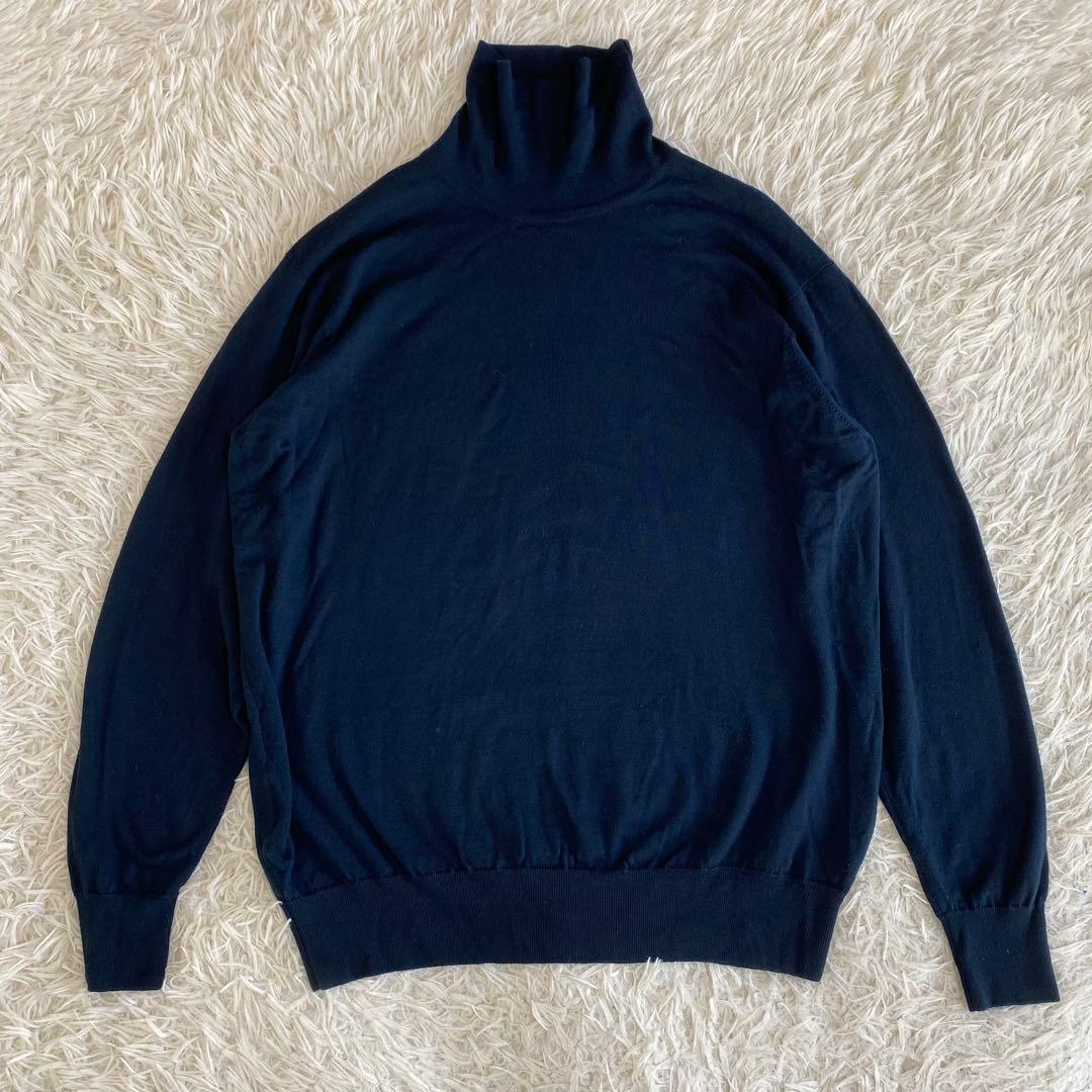 【美品】ジョンスメドレー　タートルネック　ニット　ネイビー　ウール　英国製　L