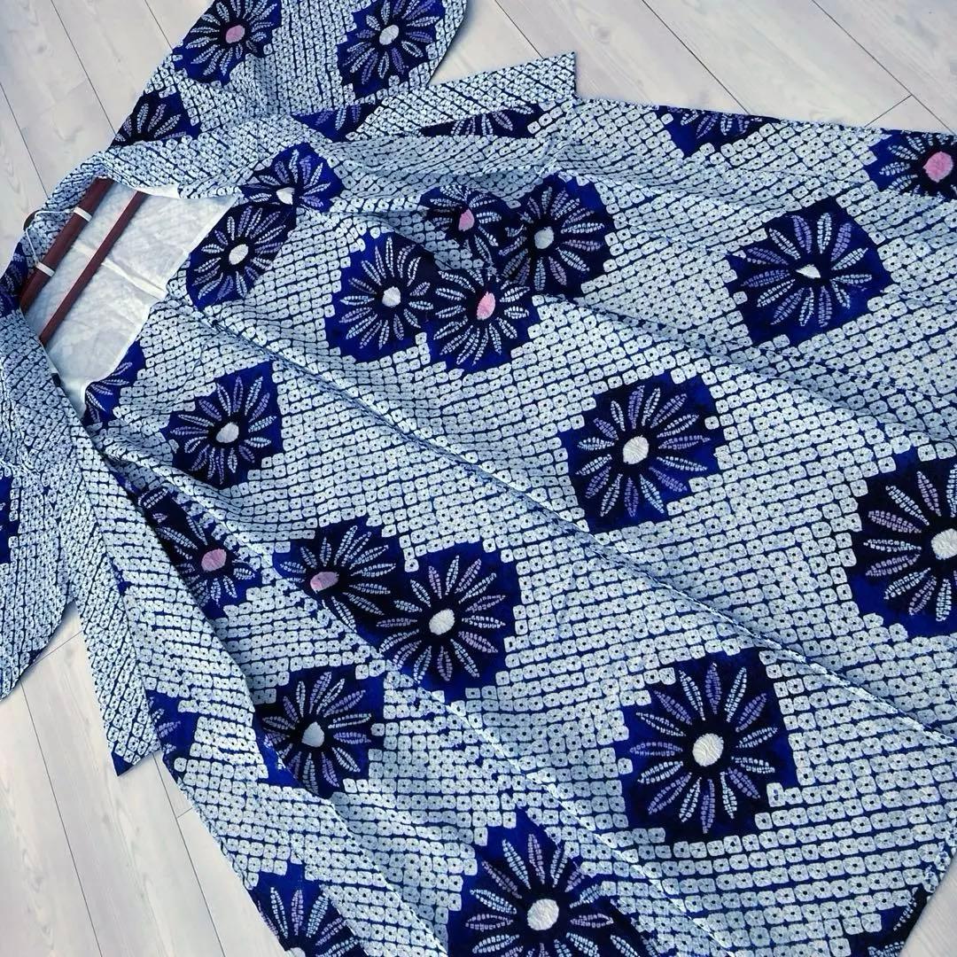 有松絞り浴衣　蜘蛛絞り　しつけ糸付　手縫い　絞り浴衣　身丈152 No-Ａ100