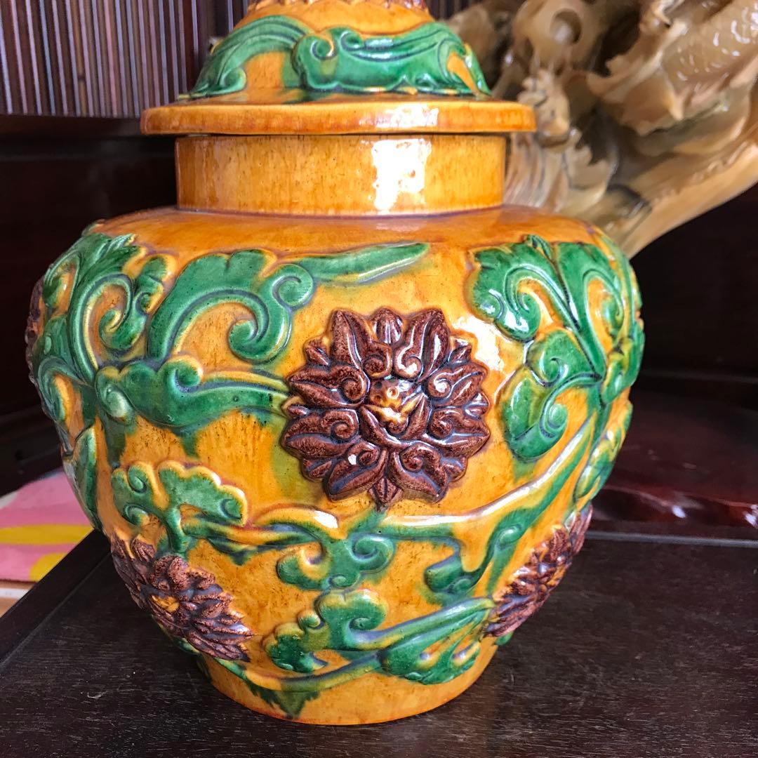 中国美術　骨董品　花瓶　壺　唐三彩　蓋付き壺　古美術　重い！6.1キロ