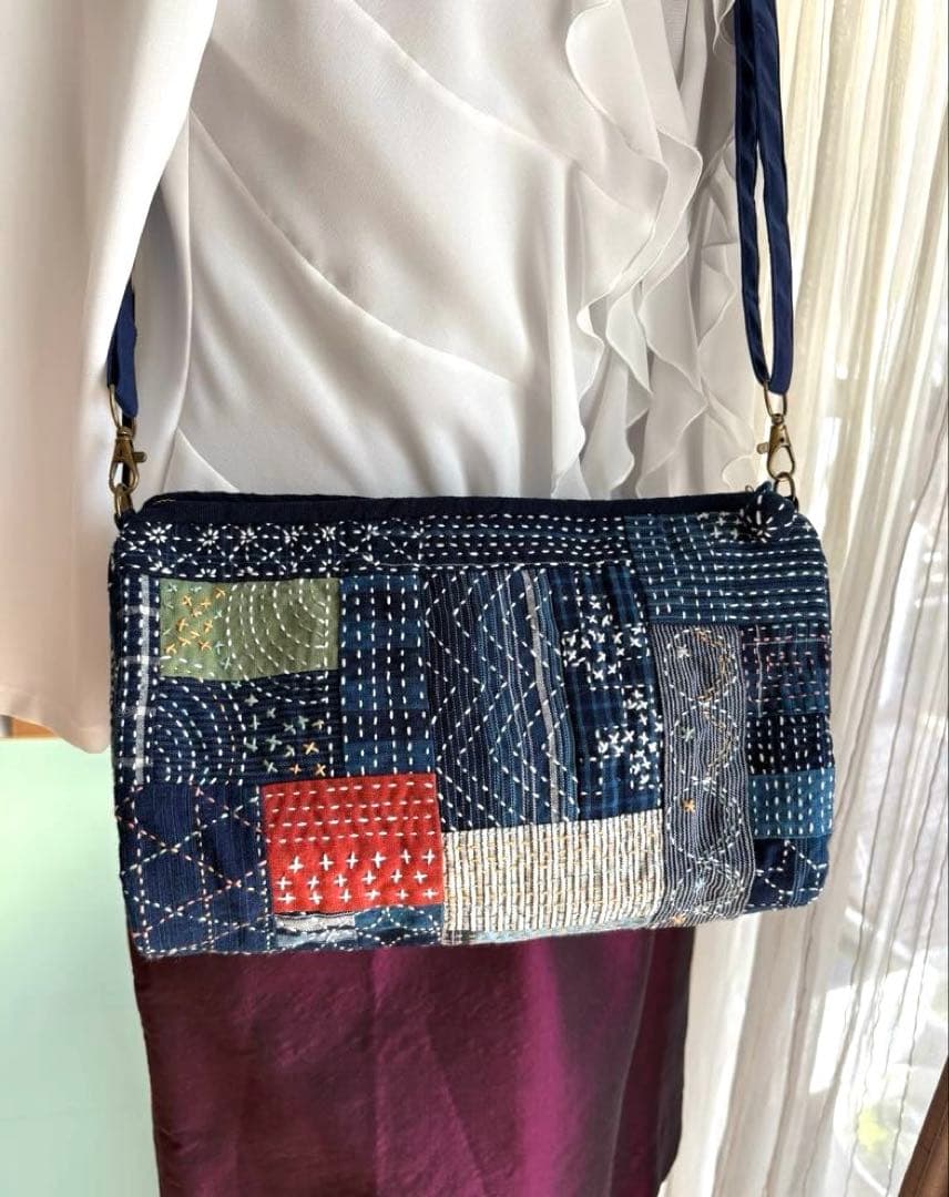 松阪もめん縞模様×刺し子のパッチワークキルト　ハンドメイドショルダーバッグ