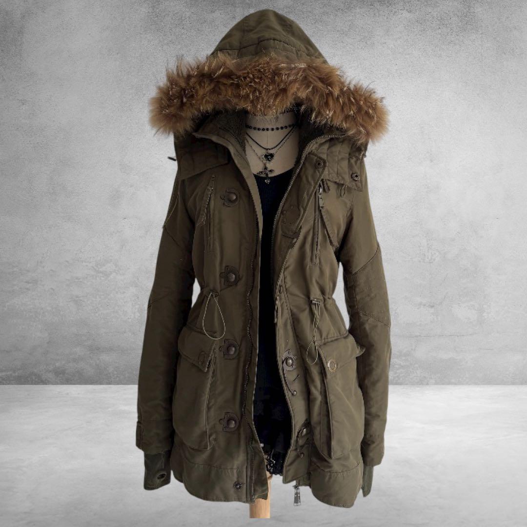 平成ギャル y2k グランジ ファー付 モッズコート ダークコア メタルギミック