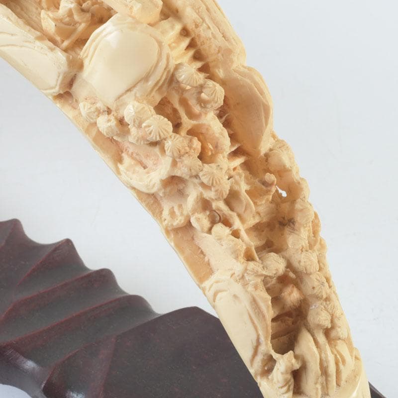 中国　河馬牙製　楼閣山水透かし雕　床飾　置物　唐木台付　V　9341