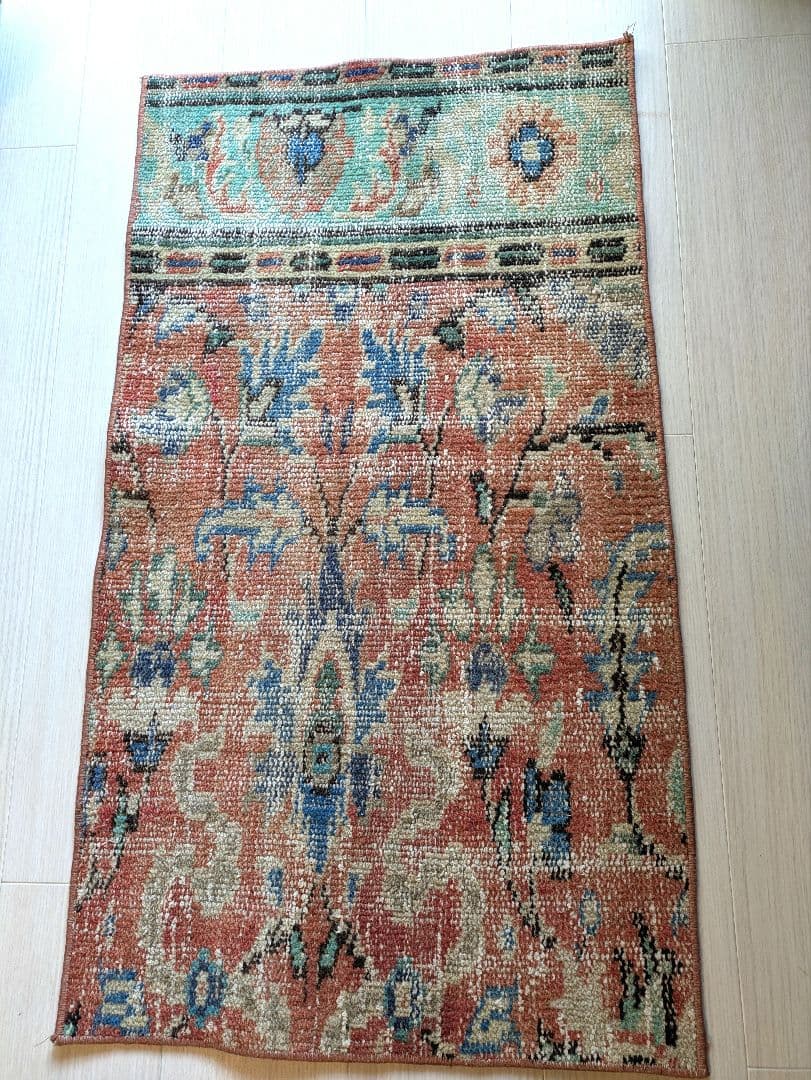 50×91 ラコッタオレンジ×トルコブルー　トルコヴィンテージラグ　ミニサイズ