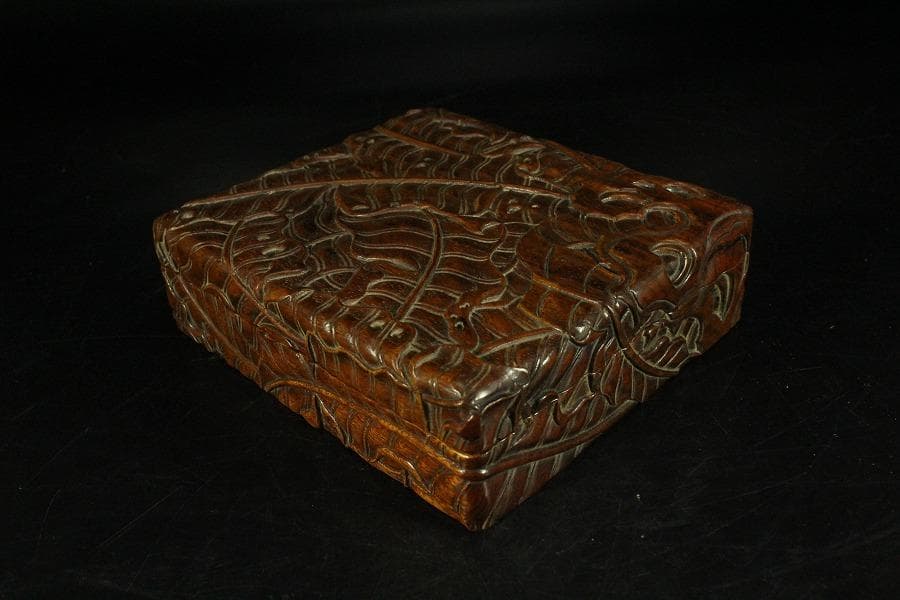 唐木 刻芭蕉 四方箱 旧家蔵出(K-A746)