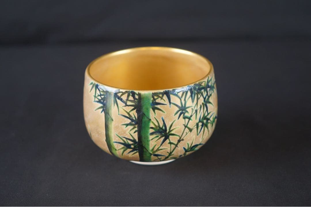 九谷窯 名工 長谷川翠光 作 金彩 竹絵 茶碗 共箱 茶道具