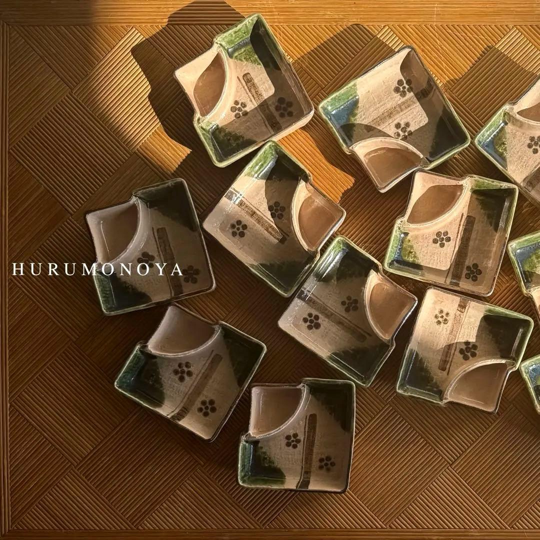 SNT1395 織部焼 伝統工芸品 脚付 変形角皿 向付け 12客 割烹 料亭