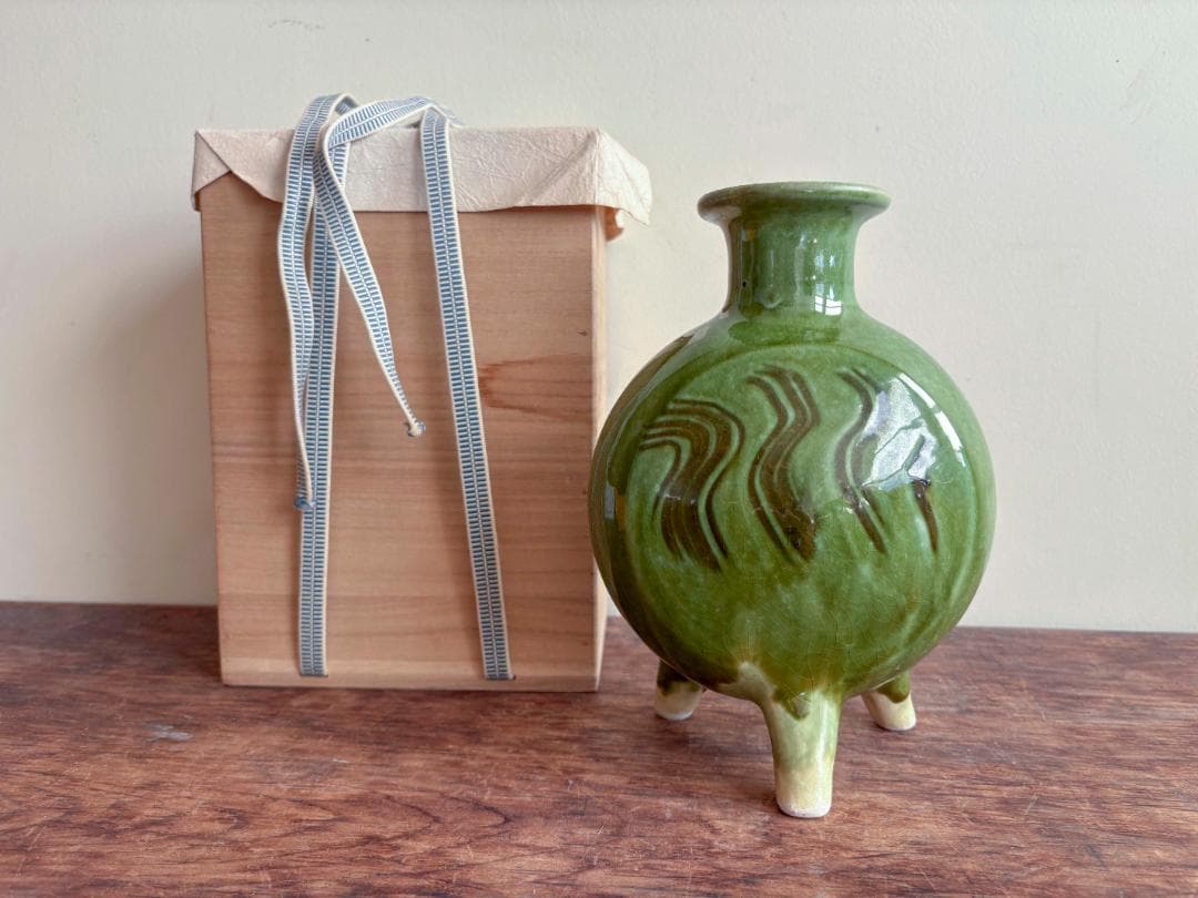 舩木研児　緑釉　三脚花生　共箱付　無傷　希少　民藝　バーナードリーチ