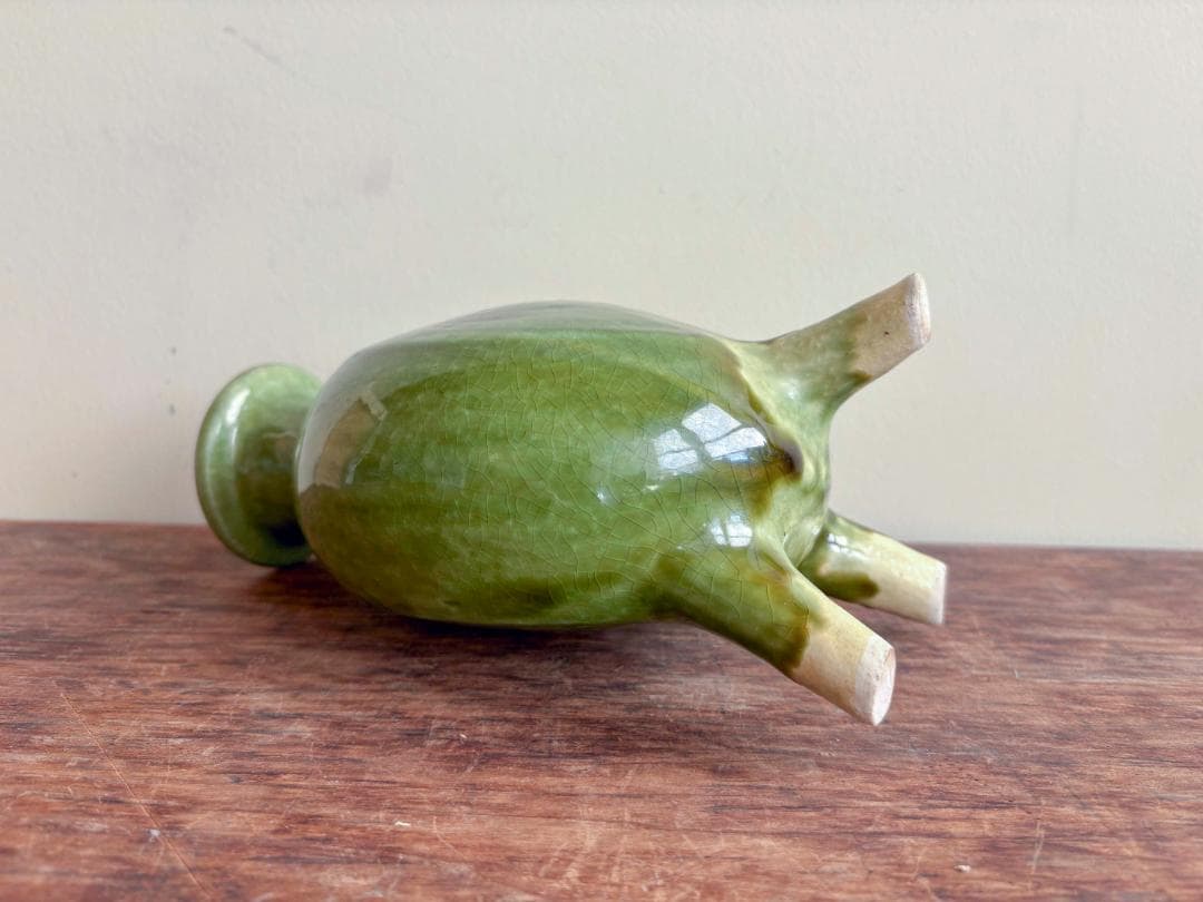 舩木研児　緑釉　三脚花生　共箱付　無傷　希少　民藝　バーナードリーチ