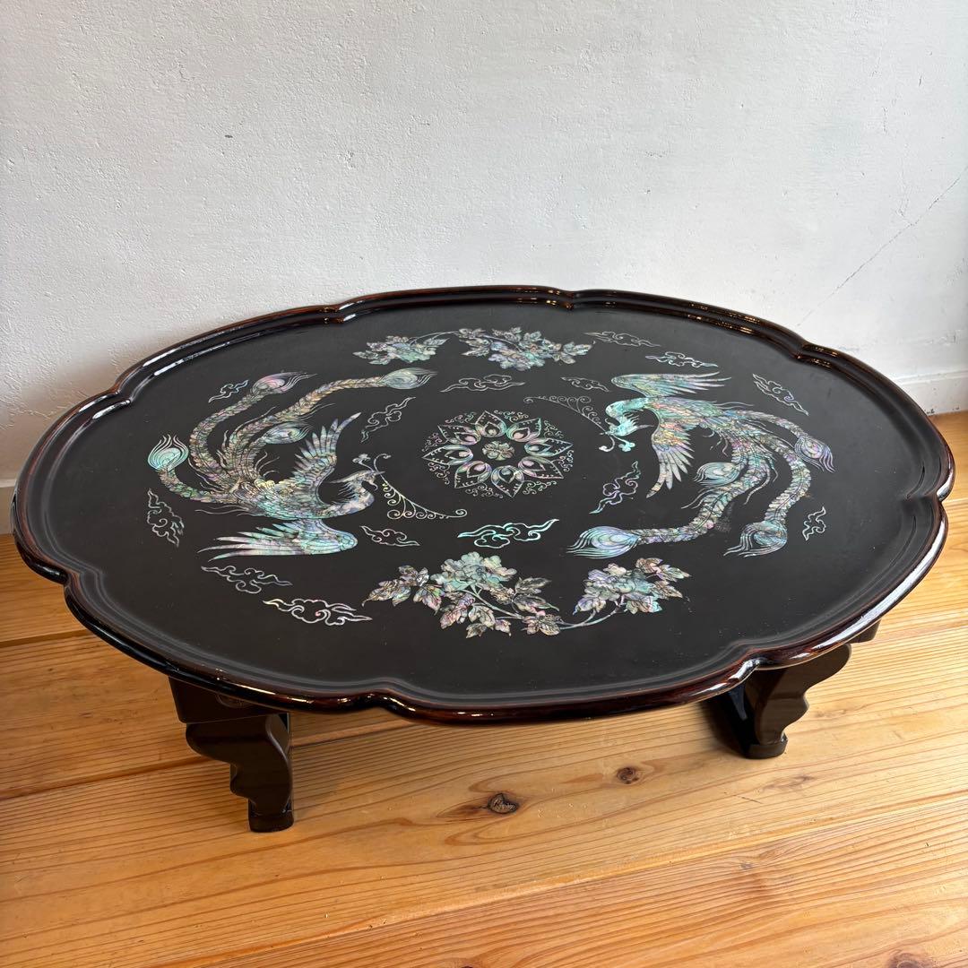 希少　韓国伝統工芸　螺鈿細工　貝殻　ローテーブル　座卓　折り畳み　鳳凰　F40