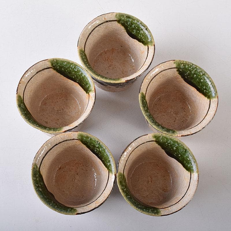 山口錠鐵作　瀬戸焼　絵織部　一口碗　五客　共箱　V　R8412