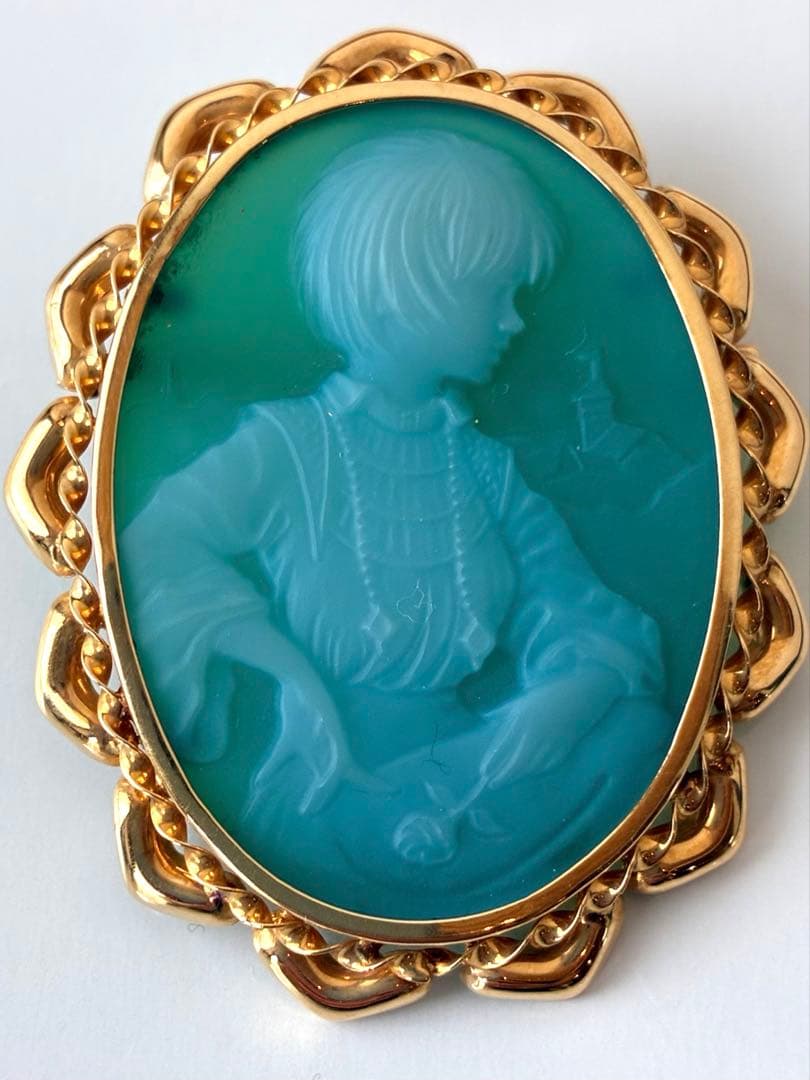 K18グリーンメノウ　カメオブローチペンダント