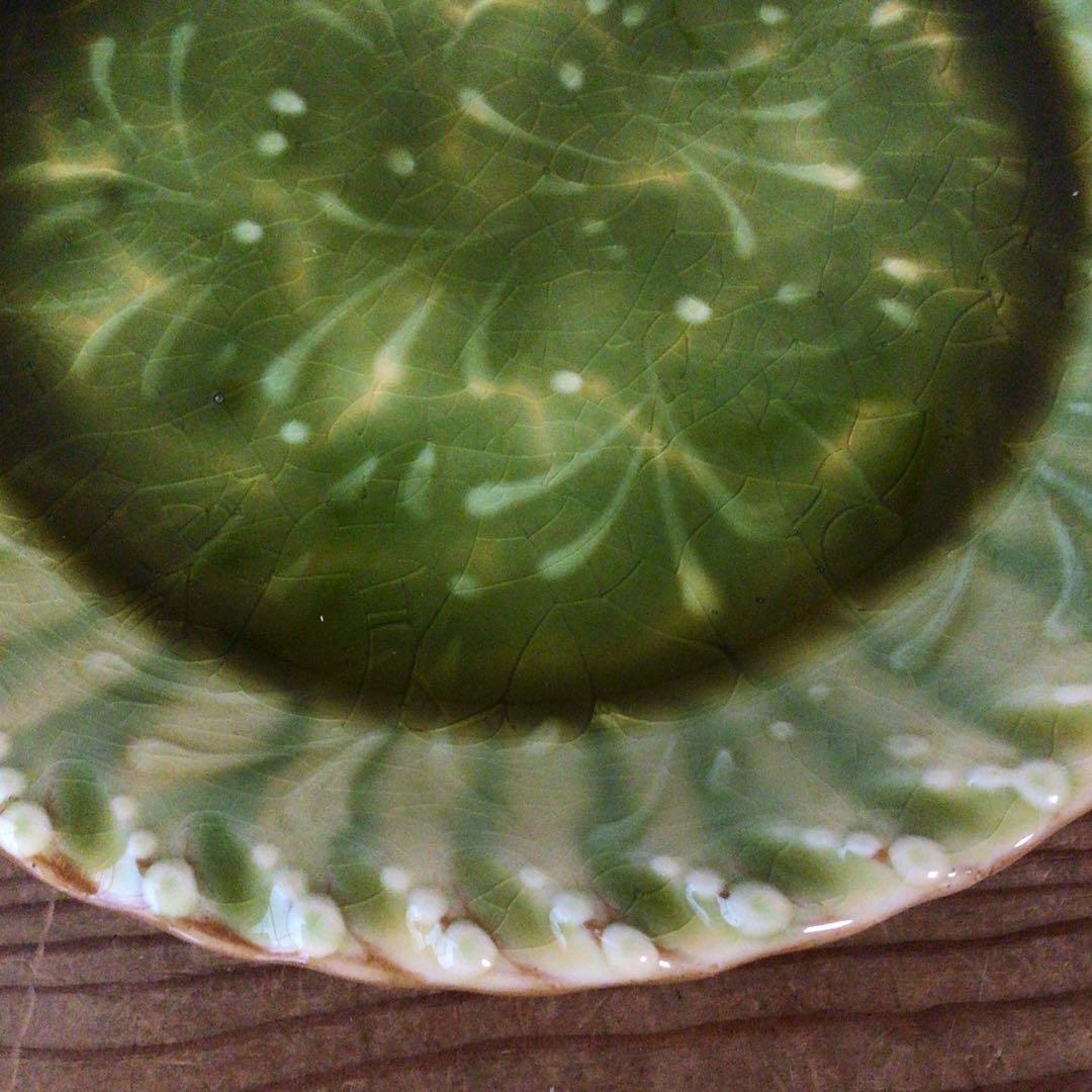 No4975 布志名焼　船木伸児　緑釉丸皿　共箱/栞付　島根県　民藝　送料無料