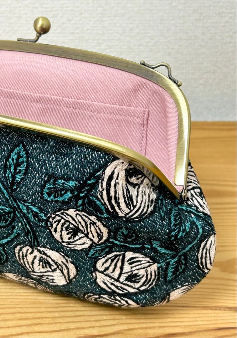 ハンドメイド がま口バッグ ポーチ rosy ブルーグリーン ミナペルホネン