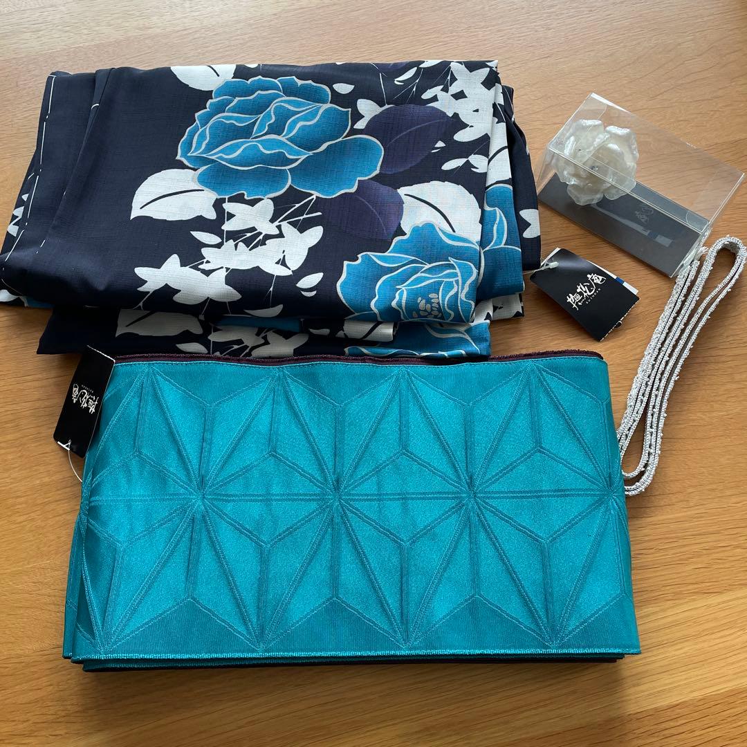 未使用 撫松庵 浴衣 （美女柳にバラ/紺）セオアルファ 浴衣帯セット