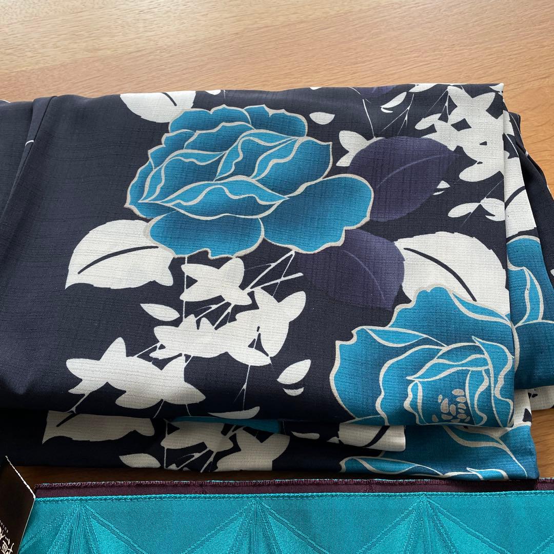 未使用 撫松庵 浴衣 （美女柳にバラ/紺）セオアルファ 浴衣帯セット