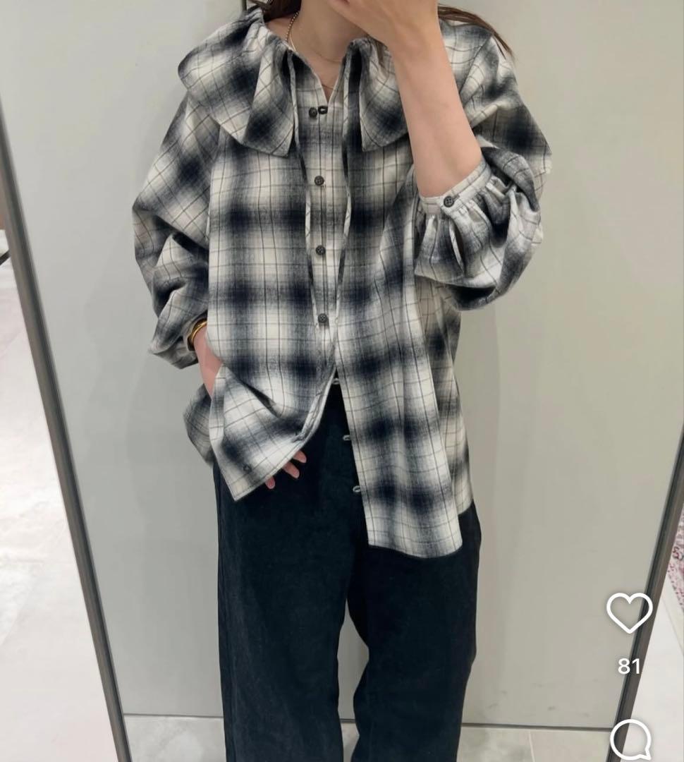 IENA BLACK フリルチェックブラウス