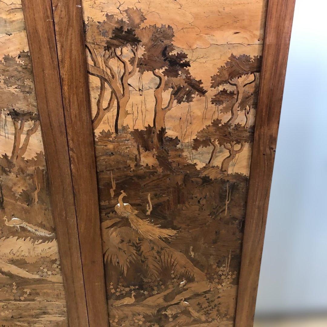 昭和52年製 木象嵌 三連衝立 松に孔雀 瑞鳥 神戸税関検査印 260117-1