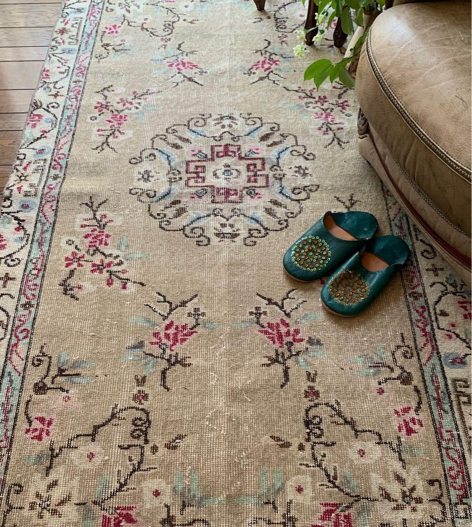 シノワズリ　213×110 トルコヴィンテージラグ　ペールカーキ トルコラグ