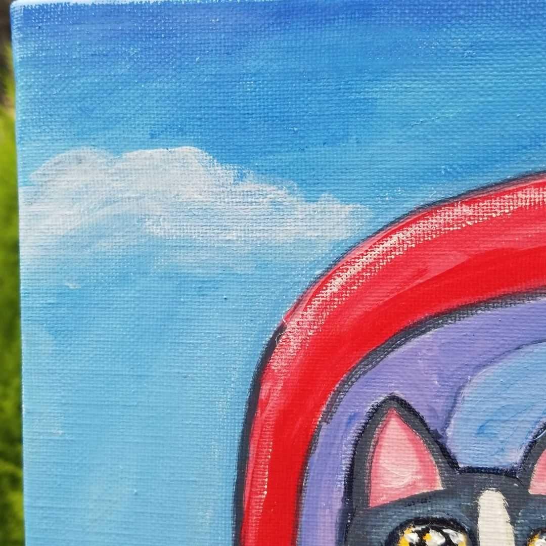 油絵　専用　ドライブに出発する猫の家族