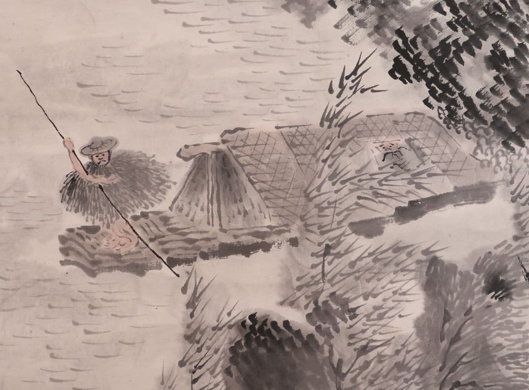 【模写】日本画 山田介堂「秋湖泛舟図」紙本 掛け軸 宏堂識箱 MA709