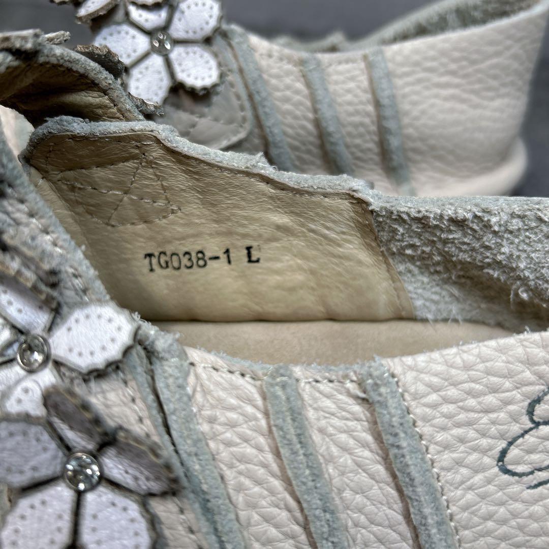 極美品【エスタシオン】お花 レザーメリージェーン/厚底/フラワー/ビジュー/幅広