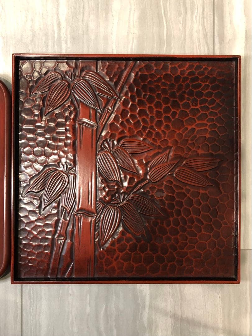 鎌倉彫　菊　竹　お盆　漆器　アンティーク