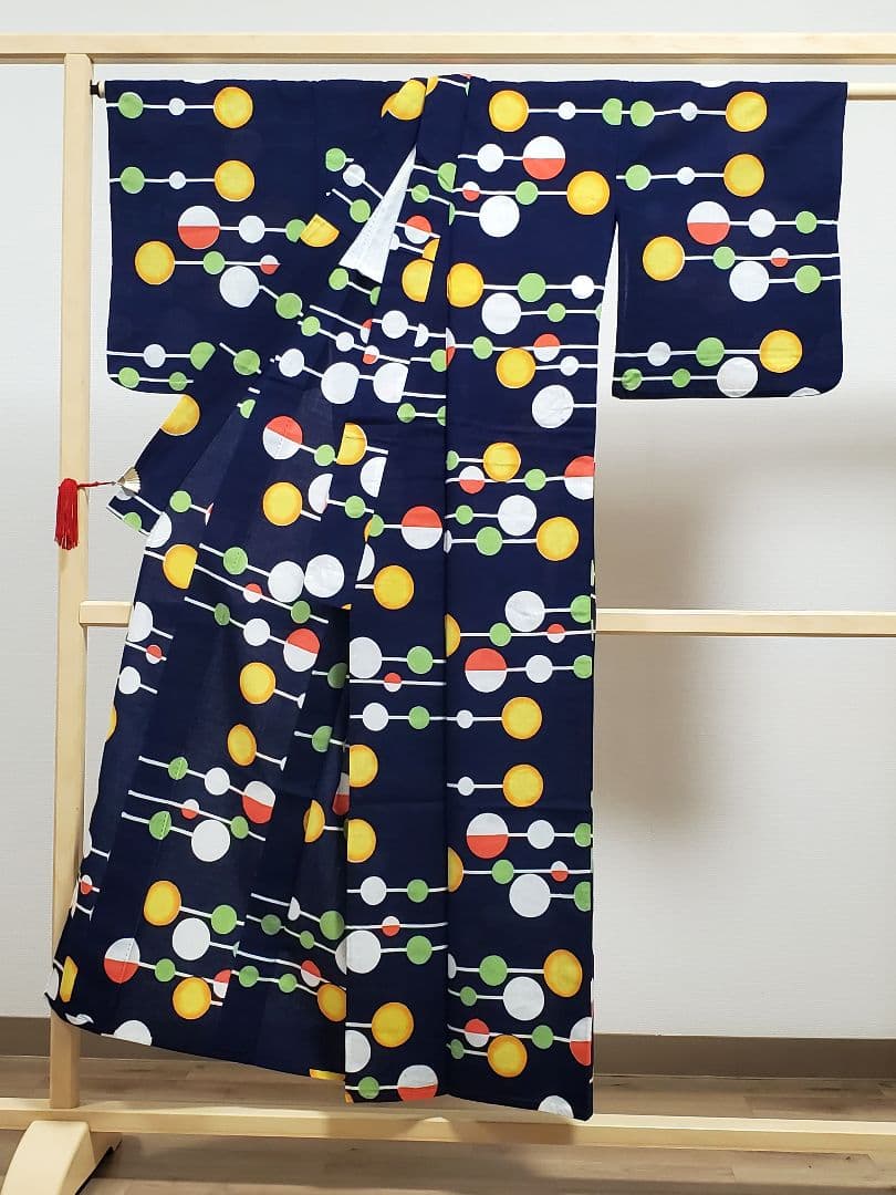 A 美品 浴衣 水玉模様 紺色 マルチカラー 綿 夏物 着物